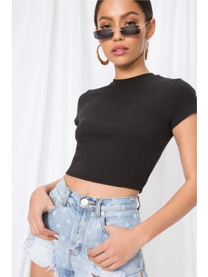 MetuCa Kadın Siyah Bisiklet Yaka Kısa Kollu Fitilli Çift Katlı Crop Bluz