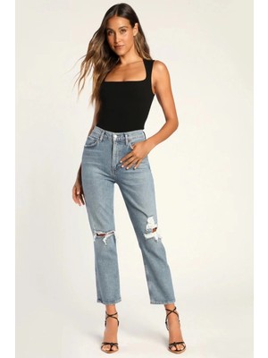 MetuCa Kadın Siyah Kolsuz Kare Yaka Fitilli Çift Katlı Tanga Body