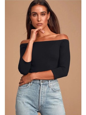 MetuCa Kadın Siyah Karşı Omuz 3/4 Kol Sandy Kumaş Çift Katlı Tanga Bodysuit
