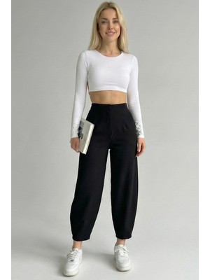 MetuCa Kadın Siyah Yüksek Bel Önü Pensli Rahat Kalıp Balon Paça Krep Kumaş Pantolon