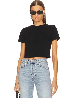 MetuCa Kadın Siyah Bisiklet Yaka Kısa Kollu Çift Katlı Sandy Kumaş Crop Bluz