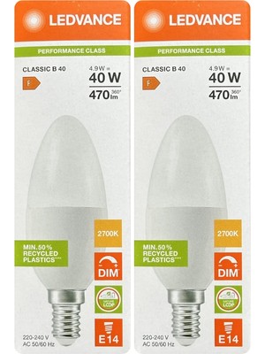 Avarson (2 Adet) Ledvance 4,9W Sarı Işık (2700K) E14 Duylu (Ince Duy) Dim Edilebilir LED Ampul