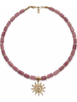 [ehm]çilek Kuvars Doğal Taş Kolye Hematit Detaylı Altın Kaplama Güneş Uçlu Çelik Aparat Kadın Kolye