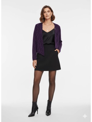 MetuCa Kadın Mor Siyah Melanj Yakasız Oversize Model Düğmesiz Triko Ceket Hırka