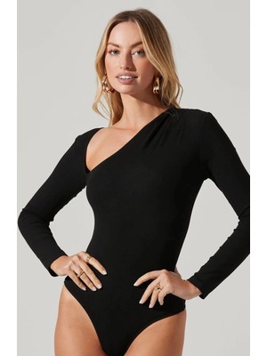 MetuCa Kadın Siyah Tek Omuz Uzun Kollu Fitilli Çift Katlı Tanga Bodysuit