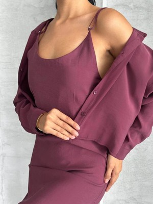 MetuCa Kadın Mürdüm Dokuma Kumaş Crop Gömlek ve U Yaka Askılı Uzun Elbise Ikili Takım