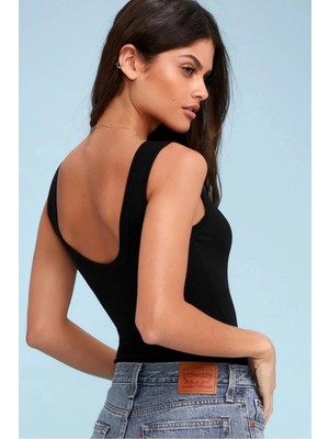 MetuCa Kadın Siyah Kolsuz U Yaka Sırt Dekolteli Fitilli Çift Katlı Sandy Kumaş Body