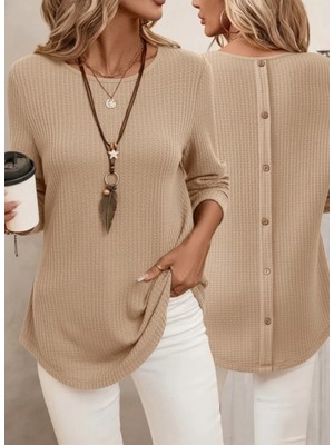 MetuCa Kadın Bej Uzun Kollu Sırtı Düğmeli Bisiklet Yaka Waffle Kumaş Bluz Tunik