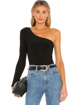 MetuCa Kadın Siyah Tek Omuz Uzun Kollu Sandy Kumaş Çift Katlı Tanga Bodysuit