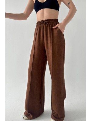 MetuCa Sofia Kadın Kahve Yüksek Bel Beli Lastikli Dökümlü Keten Palazzo Pantolon