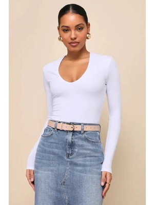 MetuCa Kadın Beyaz V Yaka Uzun Kollu Tanga Kesim Esnek Sandy Kumaş Bodysuit
