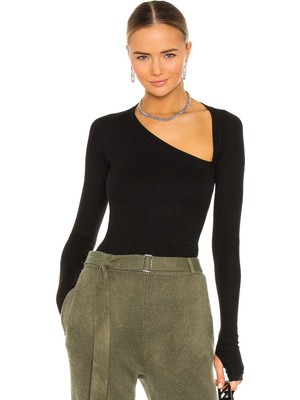 MetuCa Kadın Siyah Asimetrik Yaka Uzun Kollu Çift Katlı Sandy Kumaş Tanga Bodysuit