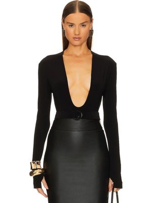 MetuCa Kadın Siyah Derin V Yaka Parmak Geçirmeli Çift Katlı Sandy Kumaş Bodysuit