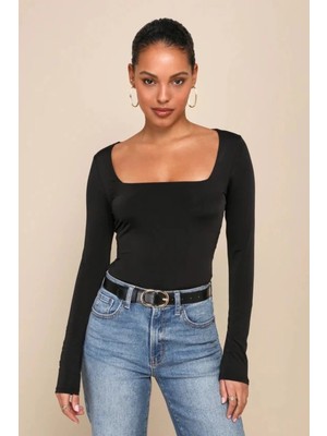 MetuCa Kadın Siyah Kare Yaka Uzun Kollu Çift Katlı Tanga Kesim Sandy Bodysuit