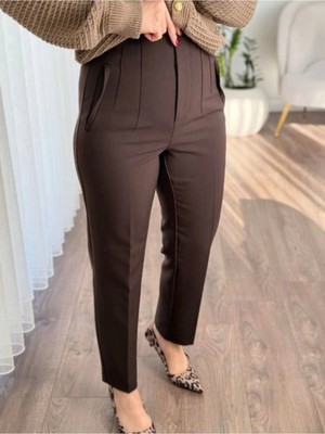 MetuCa Kadın Kahverengi Yüksek Bel Pens Detaylı Havuç Paça Kalın Tok Kumaş Pantolon