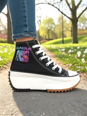 Ellaboni Demon Hunter Huntrix Çizim Baskılı Siyah Bilekli Kalın Yüksek Tabanlı Spor Ayakkabı Sneaker