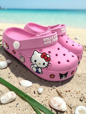 Ellaboni Kız Çocuk Pembe Kitty Kromi Figürlü Kaymaz Taban Terlik Havuz Plaj Deniz Sandaleti
