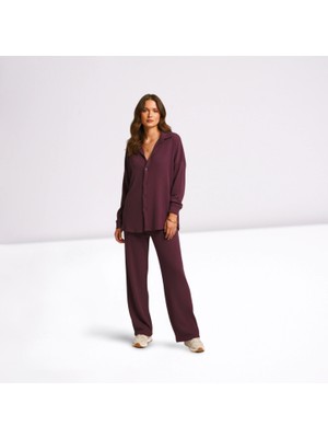 MetuCa Kadın Mürdüm Pamuk Bürümcük Takım Gömlek ve Beli Lastikli Geniş Paça Pantolon