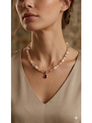 [ehm]doğal Taş Sitrin, Hematit & Lal Uç Detaylı- 42 cm Paslanmaz Çelik Gold Özel Tasarım Kadın Takı