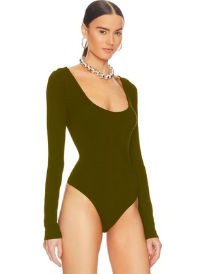 MetuCa Kadın Kahverengi Geniş U Yaka Uzun Kollu Sandy Kumaş Tanga Kesim Bodysuit Zıbın