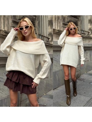 MetuCa Kadın Krem Madonna Yaka Düşük Omuz Oversize Salaş Kalın Triko Kazak Elbise