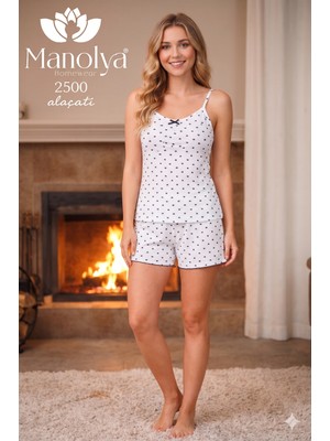 Manolya Homewear Alaçatı 2500 Kadın Ip Askılı Şortlu Pijama Takımı - Kalp Desenli Pamuklu Yazlık Set