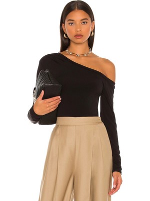 MetuCa Kadın Siyah Asimetrik Yaka Uzun Kollu Çift Katlı Sandy Kumaş Basic Bluz