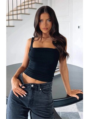 MetuCa Kadın Beyaz Kare Yaka Önü Büzgülü Vücudu Saran U Yaka Sırt Dekolteli Esnek Crop Bluz