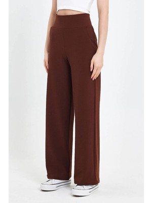 MetuCa Kadın Kahverengi Korsaj  Yüksek Bel Cepli Palazzo Geniş Paça Krep Kumaş Pantolon