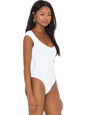 MetuCa Beyaz Çift Katlı Sandy Sırt Dekolteli U Yaka Kısa Kol Çıtçıtlı Tanga Bodysuit