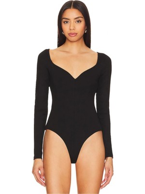 MetuCa Kadın Siyah Çift Katlı Sandy Kumaş Kalp Yaka Uzun Kol Çıtçıtlı Tanga Bodysuit