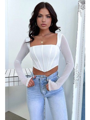 MetuCa Kadın Beyaz Kare Yaka Uzun Transparan Tül Kollu Balenli Vücudu Saran Korse Crop Bluz