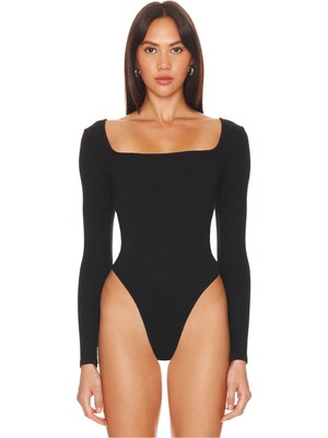 MetuCa Kadın Siyah Çift Katlı Sandy Kumaş Kare Yaka Uzun Kol Çıtçıtlı Tanga Bodysuit
