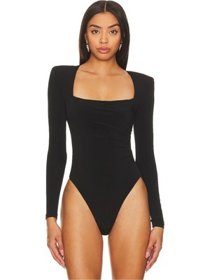 MetuCa Kadın Siyah Çift Katlı Sandy Kare Yaka Uzun Kol Drapeli Çıtçıtlı Tanga Bodysuit