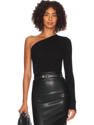 MetuCa Kadın Siyah Tek Omuz Uzun Kollu Asimetrik Kesim Esnek Kaşkorse Bluz