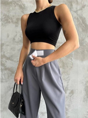 MetuCa Kadın Antrasit Yüksek Bel Cırtlı Pileli Bol Paça Palazzo Model Kumaş Pantolon