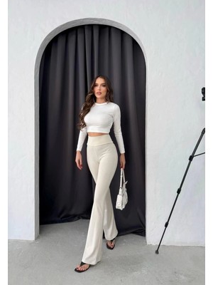 MetuCa Kadın Yüksek Bel Toparlayıcı Vücudu Saran Scuba Kumaş Ispanyol Paça Tayt Pantolon - Bej