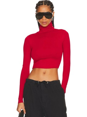 MetuCa Kadın Kırmızı Çift Katlı Sandy Kumaş Yarım Balıkçı Yaka Uzun Kol Crop Bluz