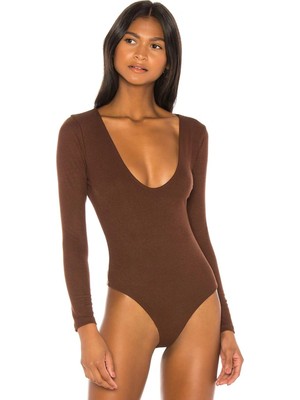 MetuCa Kadın Acı Kahve Çift Katlı Sandy Derin U Yaka Uzun Kol Çıtçıtlı Tanga Bodysuit