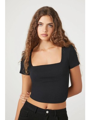 MetuCa Kadın Siyah Çift Katlı Sandy Kumaş Kare Yaka Kısa Kol Crop Tişört