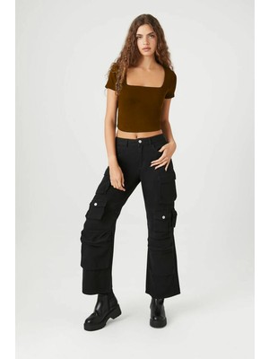 MetuCa Kadın Acı Kahve Çift Katlı Sandy Kumaş Kare Yaka Kısa Kol Crop Tişört