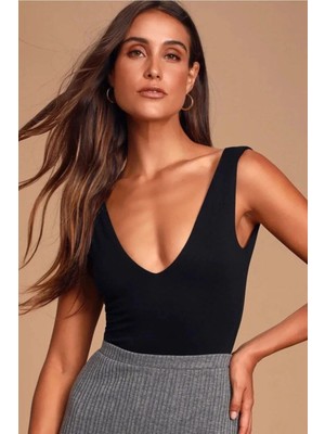 MetuCa Kadın Derin V Yaka Sıfır Kol Vücudu Saran Kaşkorse Alttan Çıtçıtlı Bodysuit - Siyah