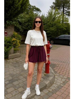 MetuCa Kadın Yüksek Bel Beli Lastikli ve Bağcıklı Pileli Rahat Kesim Şort Etek - Bordo