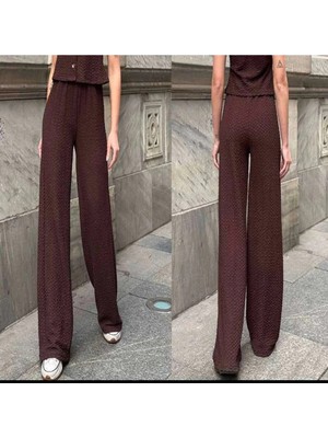 MetuCa Kadın Yüksek Bel Beli Lastikli Gofre Kumaş Bol Paça Pantolon - Kahverengi