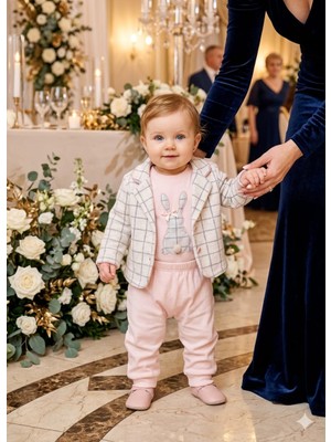 Gürcan Bebe Yeni Doğan Kız Bebek Tavşan Baskılı Ceketli Üçlü Takım