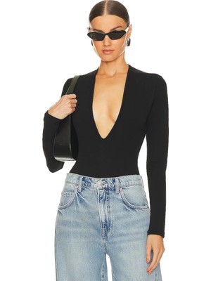 MetuCa Kadın Siyah V Yaka Uzun Kollu Çift Katlı Sandy Kumaş Tanga Bodysuit