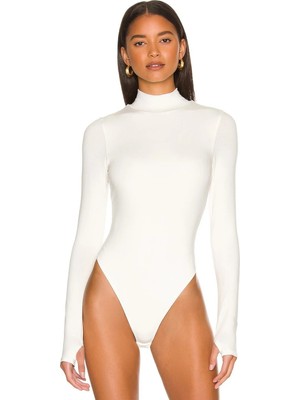 MetuCa Kadın Beyaz Çift Katlı Sandy Yarım Balıkçı Parmak Geçirmeli Tanga Bodysuit