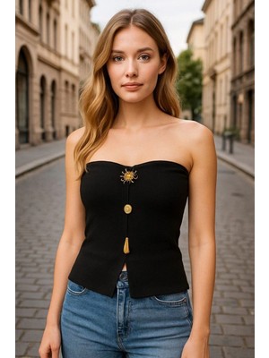 MetuCa Kadın Siyah Straplez Aksesuarlı Önü Yırtmaçlı Vücudu Saran Fitilli Büstiyer