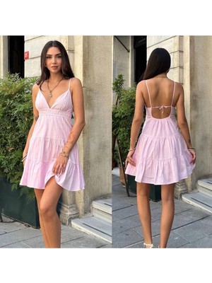 MetuCa Kadın V Yaka Ip Askılı Sırtı Bağlamalı Beli Lastikli Kat Kat Mini Elbise - Pembe