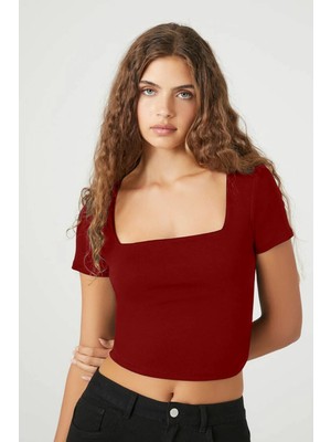 MetuCa Kadın Kırmızı Çift Katlı Sandy Kumaş Kare Yaka Kısa Kol Crop Tişört